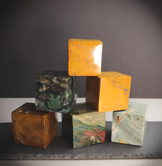 Stacked coloured cube minerals.