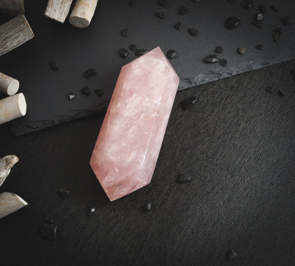 Double-terminated rose quartz wand.