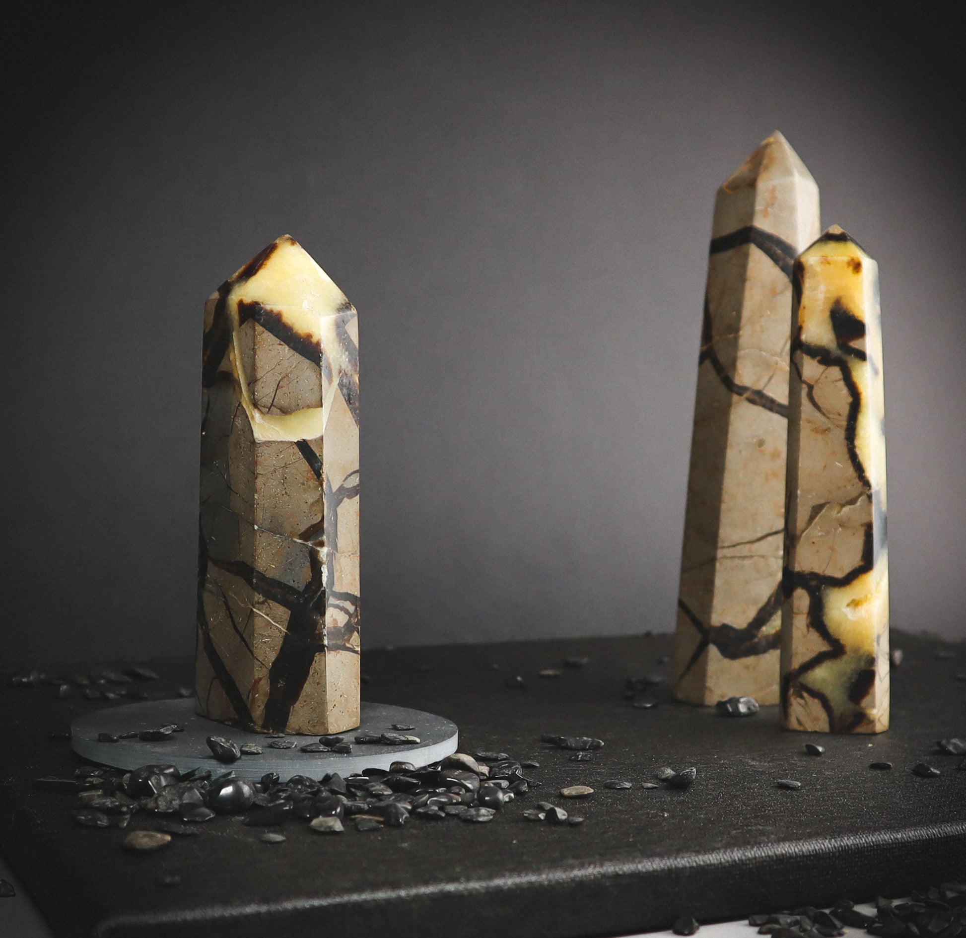 Septarian obelisk against a gray background.